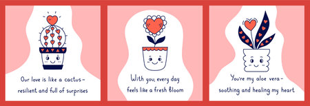 Valentines day Card with Funny Phrase Set. Romantic posters and banners with inspirational handwritten quotes and cute cartoon potted houseplants. Vector illustrationのイラスト素材