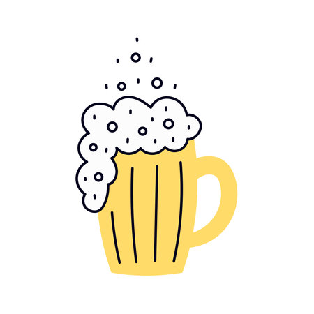 Foaming Beer Mug Vector illustration. Hand drawn cold drink in yellow cup. Playful flat design. Brewery pub bar icon symbolのイラスト素材