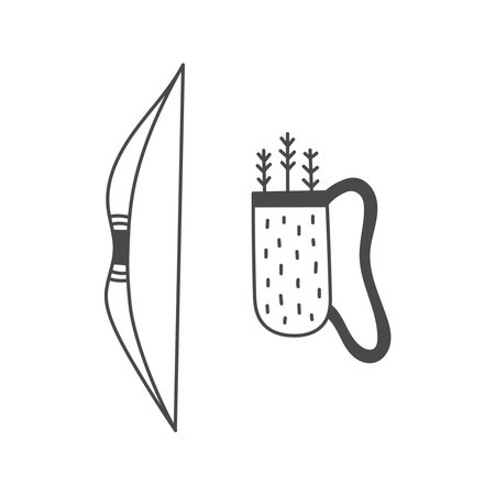 Bow and Quiver with Arrows Illustration. Hand drawn medieval archer set. Vintage equipment in doodle style. Outline vector illustrationのイラスト素材