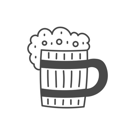 Wooden Mug with Foaming Beer Icon. Hand drawn drink vector illustration. Bubbly beverage with foam. Brewery pub bar symbolのイラスト素材
