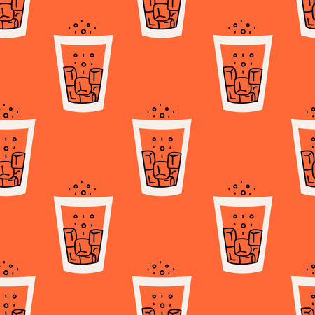 Carbonated Soda Drink with Ice cube Seamless Pattern. Minimal beverage background with refreshment fizzy lemonade in glass. Vibrant Juicy orange color. Repeat vector illustrationのイラスト素材