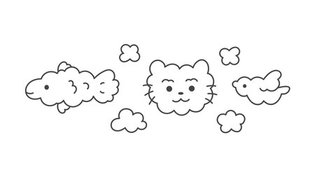 Animal Shaped Clouds Set. Outline fish cat head flying bird collection in doodle style. Sketch vector illustrationのイラスト素材