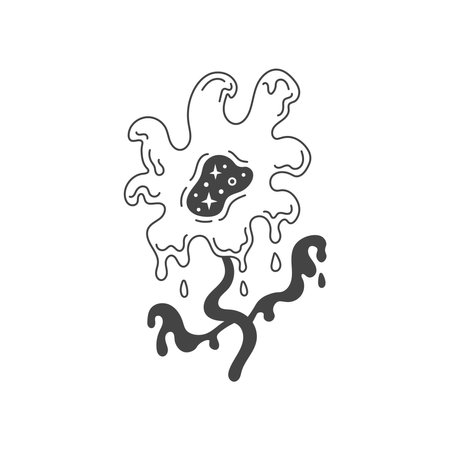 Surreal Liquid Flower with Leaves. Melting psychedelic blossom with flowing petals and fluid leaf. Dripping Drop elements wiyj night sky. Outline vector illustrationのイラスト素材