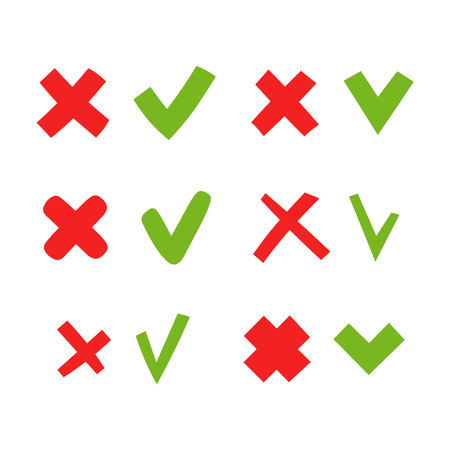 Check Mark and Cross Symbols Set. Variation of vote choice signs. Questionnaire quiz right or wrong answer icons. Red and Green color. Vector illustration in flat styleのイラスト素材