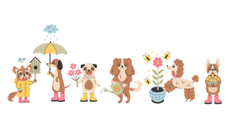 Spring Dog Activity Set. Cute various breeds puppies with gardening tool umbrella rubber boot and flowers. Springtime pet accessories. Vector illustrationのイラスト素材