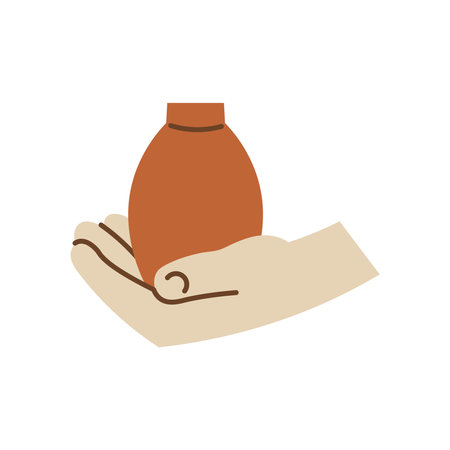 Hand Holding Clay Vase. Pottery icon. Gesture with earthenware element. Craftsperson emblem. Handicraft symbol. Vector illustration in flat styleのイラスト素材