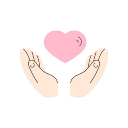 Hands with Pink Heart Shape. Gesture Showing Holding Love symbol. Romantic Charity Warmth icon. Vector illustration in flat styleのイラスト素材