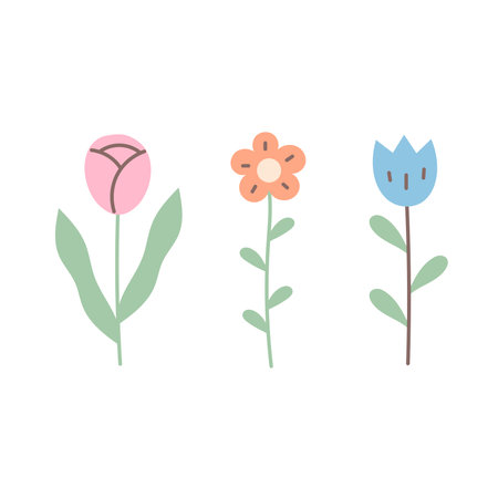 Hand Drawn Flower Set Pastel Color. Cute simple Wildflowers with leaves collection. Decorative botanical collection with Tulip Chamomile Bell. Vector illustrationのイラスト素材