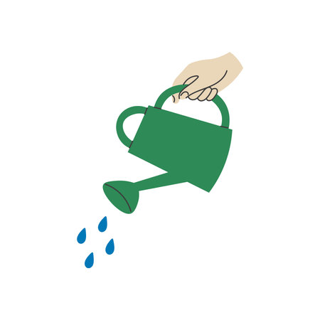 Hand Holds Watering Can and Waters. Pouring Gesture. Gardening Plant Care concept. Irrigation symbol. Flat vector illustrationのイラスト素材
