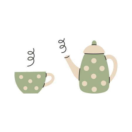 Teapot and Cup with Steam. Green Polka Dot Vintage Tea Mug and Kettle. Hot Drink flat vector illustrationのイラスト素材