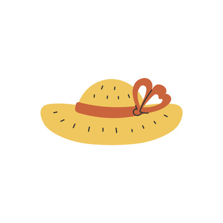 Straw Hat with Ribbon. Yellow rustic headwear with brown tied bow. Rural farmhouse design element. Vector illustration flatのイラスト素材