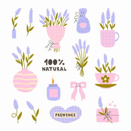 Lavender Flowers Hand drawn Set. Minimalist collection of Rustic Romantic Bouquet Bunch Vase Provence symbols Tea Cup Soap bottle candle. Flat vector illustrationのイラスト素材