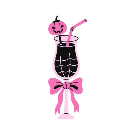 Spooky Halloween Cocktail with Bow. Hand drawn Wine Glass with Coquette Pink ribbon, spider web and Pumpkin Straw. Creepy Drink. Girlcore Aesthetic. Flat vector illustrationのイラスト素材