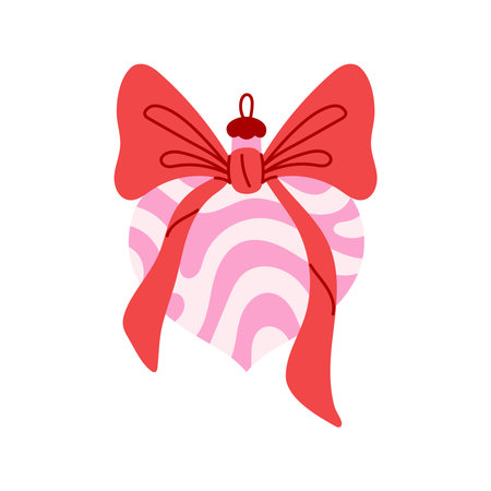Heart shaped Christmas Ornament with Bow. Romantic Pastel Pink Xmas Decoration Element tied with wavy ribbon. Smooth Flat vector illustration. Vintage Coquette aesthetic.のイラスト素材