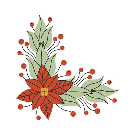 Red Poinsettia Flower with Leaves and Berries. Hand drawn Christmas Border Angled design element for holiday floral decoration, greeting card, invitation. Flat vector illustrationのイラスト素材