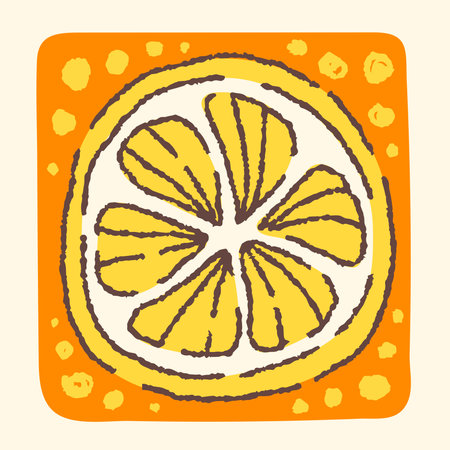 Lemon slice card. Hand drawn citrus fruit square card with textured chalk or crayon drawing. Flat vector illustration.のイラスト素材