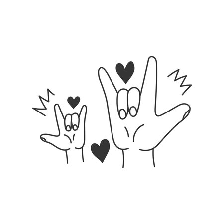 Parent and Child Sign Language I Love You Hands. Cute Line art drawing of adult and baby Fingers showing gesture - symbol of support, care and unity. Vector illustration in doodleのイラスト素材
