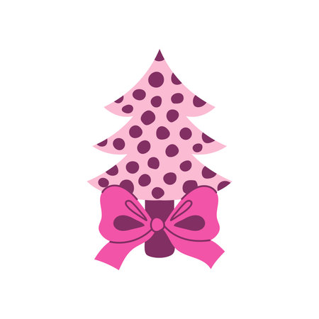 Hand drawn Pink Fir with big Bow. Playful Spotted Christmas Tree with Large Ribbon, cute coquette design for modern Holiday art and digital projects. Vector illustrationのイラスト素材