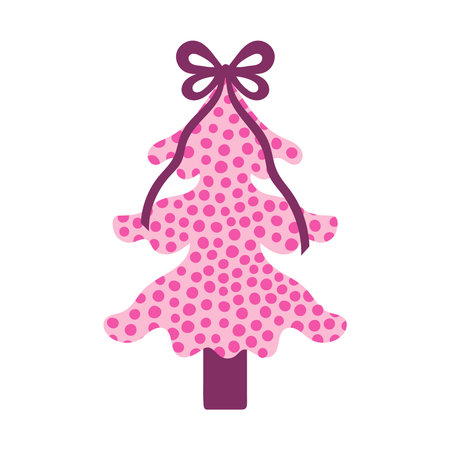 Hand drawn Pink Christmas Tree with Bow. Whimsical Dotted Fir with delicate curly ribbon. Girly vector illustration for coquette aesthetic and holiday decor.のイラスト素材