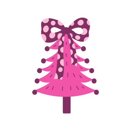 Playful Pink Christmas Tree with Bow. Whimsical Holiday Fir with pom-pom branches and dotted ribbon. Chic coquette design for greeting cards and seasonal art. Vector illustrationのイラスト素材