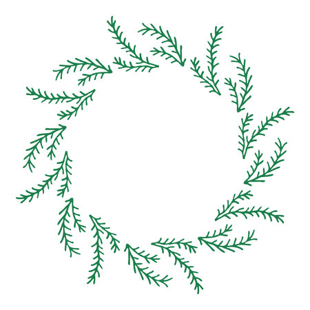Pine Tree Branches Wreath. Evergreen Coniferous vector round border in hand drawn style. Christmas Botanical circle frame. Cozy template for Greeting Card Poster Invitation designのイラスト素材