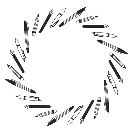 Stationery Circle Frame. Pen Pencil Quill Round Border. Office supplies and Tools decoration. Empty doodle template for card poster banner invitation designのイラスト素材