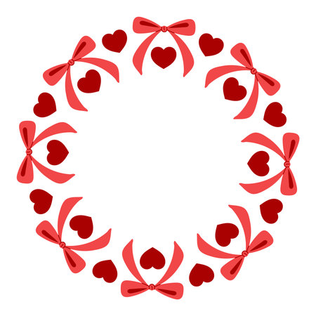 Romantic Round Frame with Red Bow and Heart Shapes. Cute Festive Circle Wreath with Love symbols and ribbons. Valentines day and Wedding Border bor Cards Invitations Posters.のイラスト素材