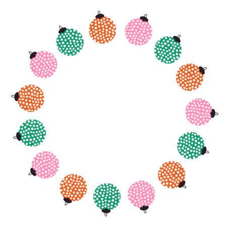 Vintage Christmas Baubles Circle Frame. Trendy vector Retro Round Border with colorful textured spotted ornaments. Xmas Holiday greeting card poster invitation templateのイラスト素材