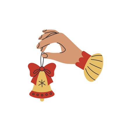 Human Hand Holding Golden Christmas Bell. Woman finger gesture with Coquette Xmas ornament. Person wrist curly sleeve clothing posing with Holiday Decoration. Flat vectorのイラスト素材