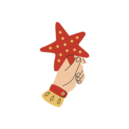 Human Hand Holding Christmas Tree Star Topper. Palm Gesture with Xmas Holiday Decoration. Drawn Flat Vector Illustrationのイラスト素材
