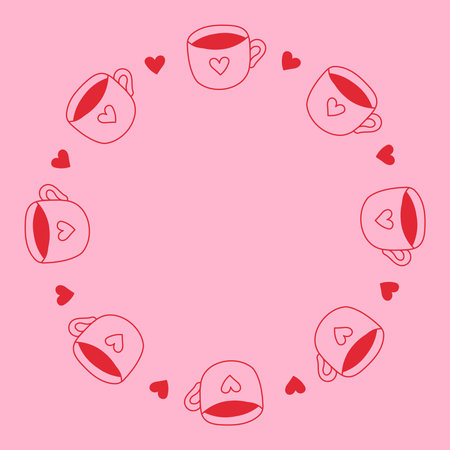 Cute Cup with Heart Round Border. Coquette Romantic Pink Circle Frame with coffee and tea mugs in playful doodle style. Girlish template for cafe menu restaurant design. Vectorのイラスト素材