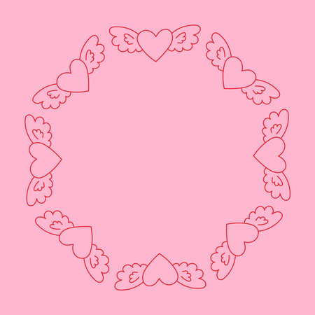 Flying Heart with Wings Round Border. Simple Coquette Pink Valentines day and Wedding Card Poster Banner Coaster Invitation Template with copy space for text. Vectorのイラスト素材