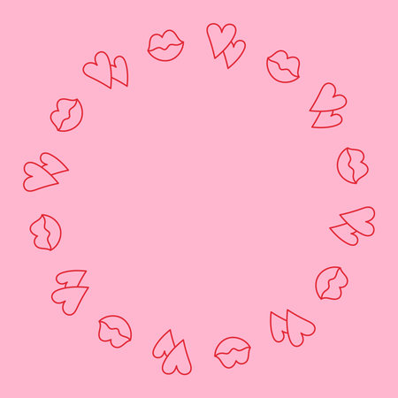 Lips and Hearts Circle Frame. Hand drawn Romantic Outline Round border in playful doodle style. Empty template for message card invitation. Vector illustrationのイラスト素材