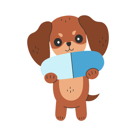 Cute Dog holding Pill Adorable hand drawn Flat vector Dachshund Puppy with Large capsule for veterinary, pet pharmacy, or animal health designのイラスト素材