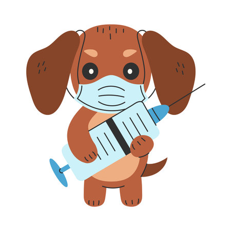 Dog Character in Medical Mask Holding Large Syringe Funny cartoon Puppy Mascot for Veterinary, Pet Clinic, or Healthcare design. Hand drawn flat vector illustrationのイラスト素材