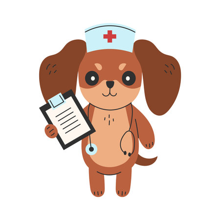 Dog Nurse with Clipboard and Hat Adorable vet assistant character with stethoscope. Cartoon dachshund puppy for pet clinic design, medical posters. Vector illustrationのイラスト素材