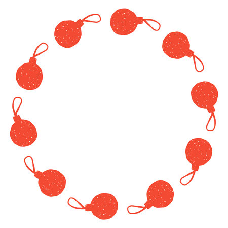 Christmas Bauble Wreath. Hand drawn round border with decorative ornaments and chalk drawing texture. Red color template for card post banner.のイラスト素材
