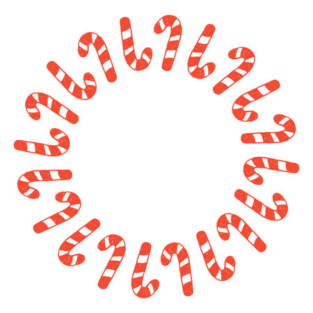 Candy Cane Frame. Christmas Decorative Round border with traditional sweet treat dessert elements. Outline circle template for card poster invitationのイラスト素材