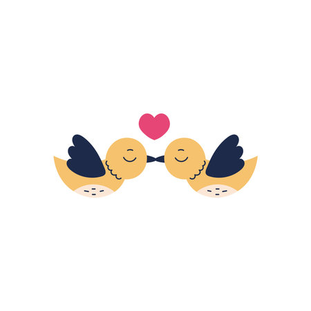 Kissing Birds with Heart. Adorable flying songbirds under pink love symbol. Hand drawn cute romantic vector for Valentine's Day or wedding decor.のイラスト素材