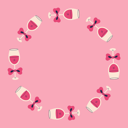 Wine Glass with Bow Card Template. Pink Coquette Romantic Drink Beverage Alcohol Cocktail circle Frame with tied ribbon. Valentines Day round Border. Vector illustrationのイラスト素材