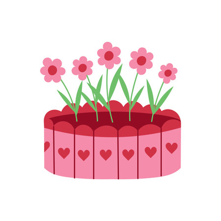 Floral Bed Pink Spring Garden Illustration. Hand drawn blooming Daisy flowers with Leaves and Hearts in a playful Coquette style for spring decorating, crafting, branding, stickersのイラスト素材