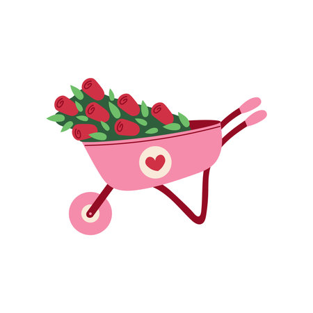 Garden Wheelbarrow filled with Roses Illustration. Coquette Pink Gardening Equipment Tool with heart shape and flowers in Charming feminine style. Flat vector artのイラスト素材