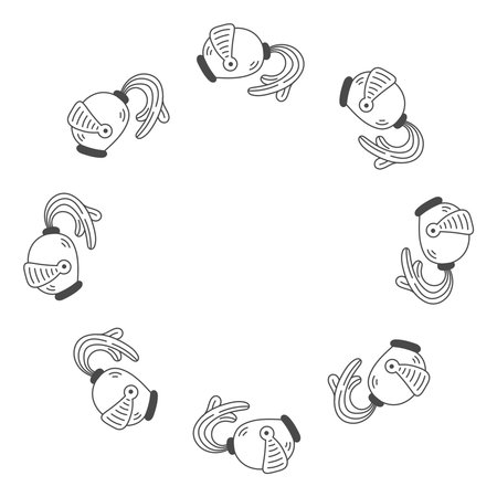 Knight Helmet Circle Frame. Medieval armor Round Border in doodle style. Ancient, renaissance ink style template for card poster banner. Vector illustrationのイラスト素材