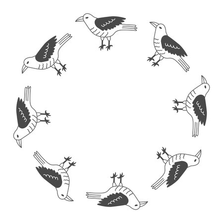 Raven Crow Circle Frame. Bird round border in playful doodle sketch style. Decorative template for mystical occult esoteric card poster banner. Vector illustrationのイラスト素材