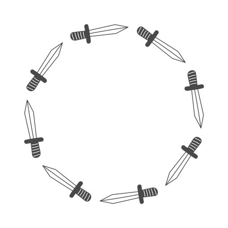 Dagger Round Border. Playful Knife Circle Frame. Card Poster Banner Invitation Coaster template in doodle style. Vector illustrationのイラスト素材