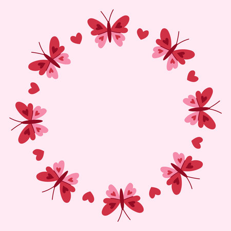 Romantic Pink Butterfly Round Border. Cute Coquette Valentines Day and Wedding Greeting Card Invitation Poster template with flying Moth. Vector illustrationのイラスト素材
