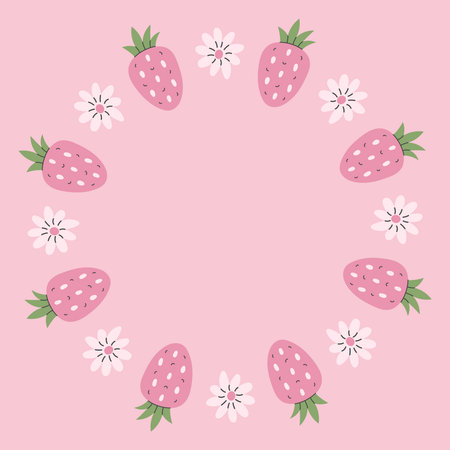 Strawberry Blossom Card Frame. Cute Pastel colored Template with cute garden berries daisy flowers and copy space for text. Hand drawn flat vector illustrationのイラスト素材