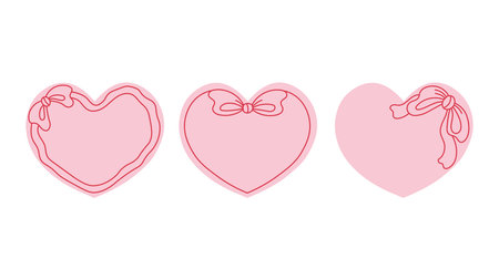 Heart Shape Bow Frame Set. Coquette Romantic hand drawn line Valentine card templates with curly ribbon border. Outline vector illustrationのイラスト素材