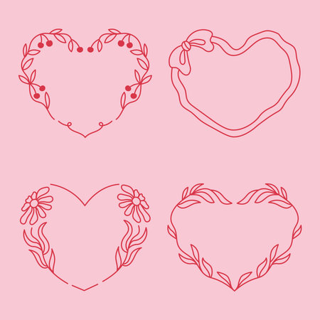 Heart Shape Line Frames Set Romantic hand drawn Love Symbols with empty space for text. Valentines day Card borders with curly bow Flower Cherry and twigs. Vector illustrationのイラスト素材
