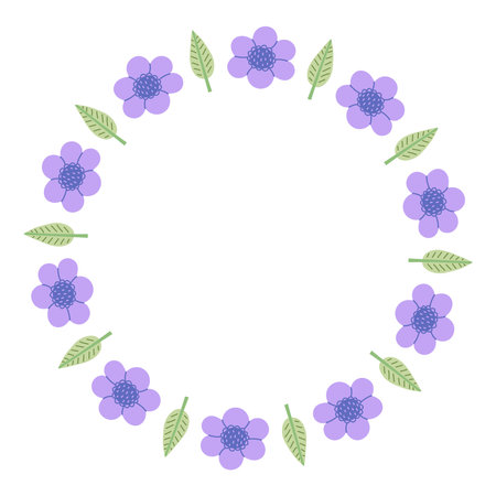Anemone Flowers and Leaves Circle Frame. Minimal Floral Round Border in hand drawn style. Purple Blossom and Leaf Wreath. Summer Spring Garden Chaplet. Vector illustrationのイラスト素材
